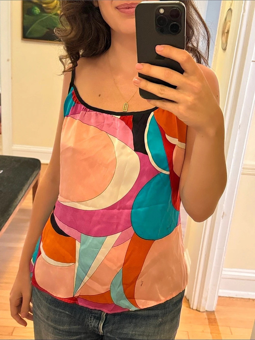 Petrozillia Abstract Whimsy y2k Silk Cami in Pink & Teal